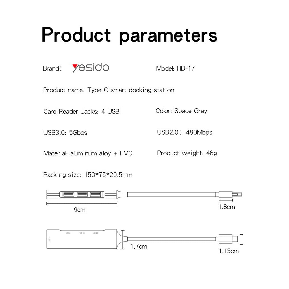 Hub USB-C Yesido HB17, 4en1, Gris