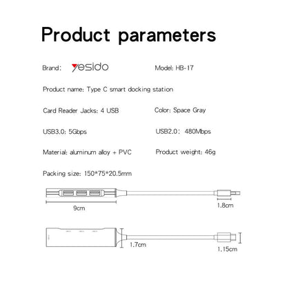Hub USB-C Yesido HB17, 4en1, Gris