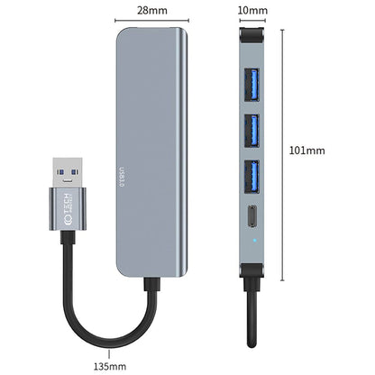 Hub USB Tech-Protect V0, 3 x USB-A 3.0 - 1 x USB-A - 1 x USB-C, Gris