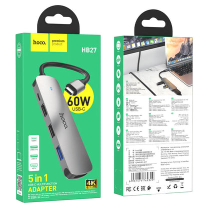 Hub USB-C HOCO HB27, USB-A 3.0 - 2 x USB-A - USB-C - HDMI, Gris