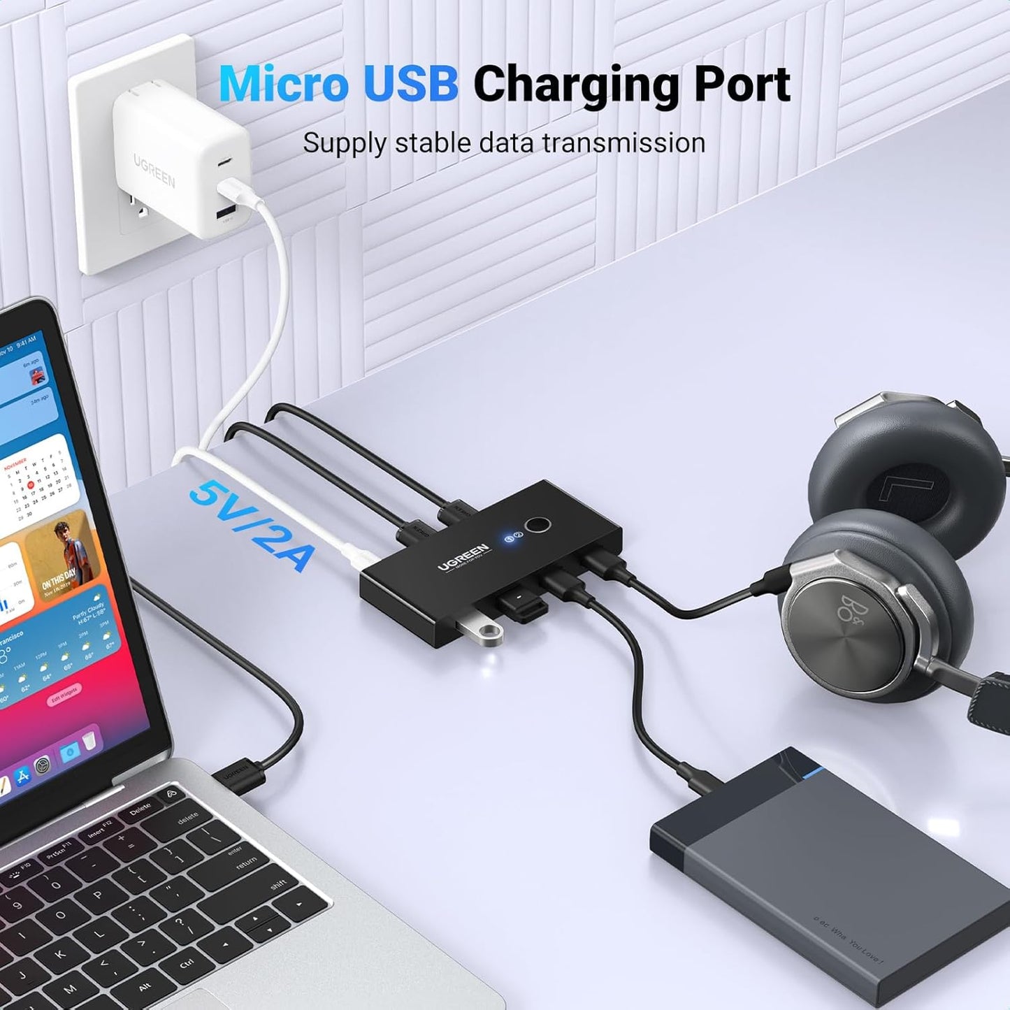 Hub USB UGREEN US216 Two Sharing Switch Box, 4 x USB-A, Noir 