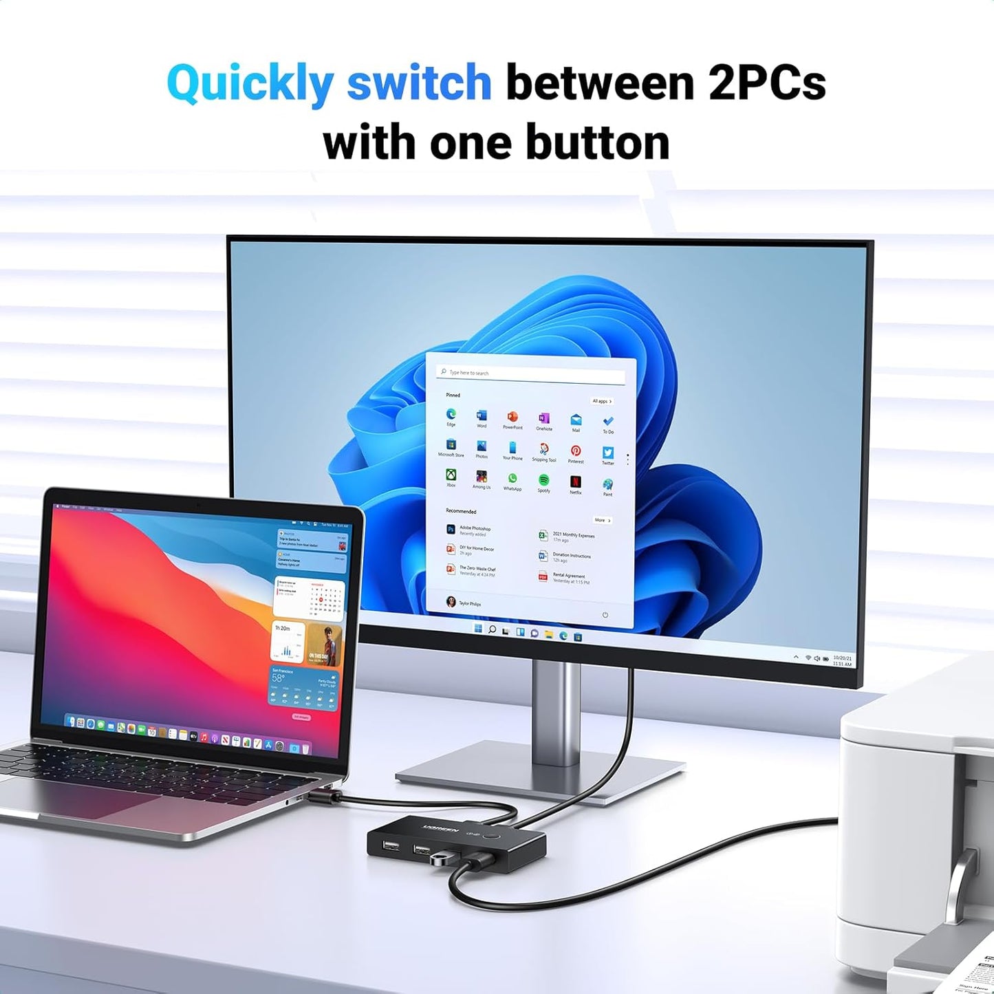 Hub USB UGREEN US216 Two Sharing Switch Box, 4 x USB-A, Noir 