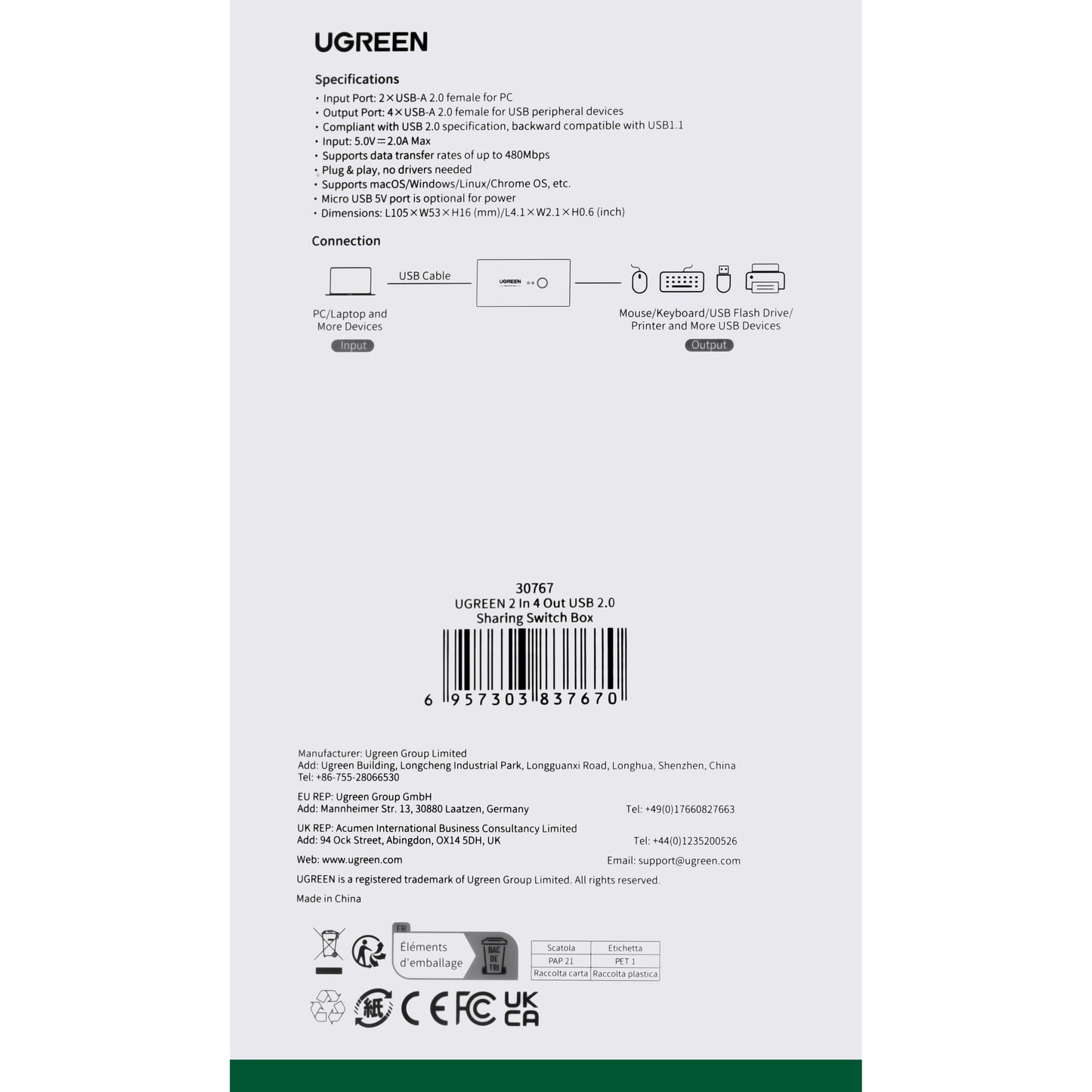 Hub USB UGREEN US216 Two Sharing Switch Box, 4 x USB-A, Noir 