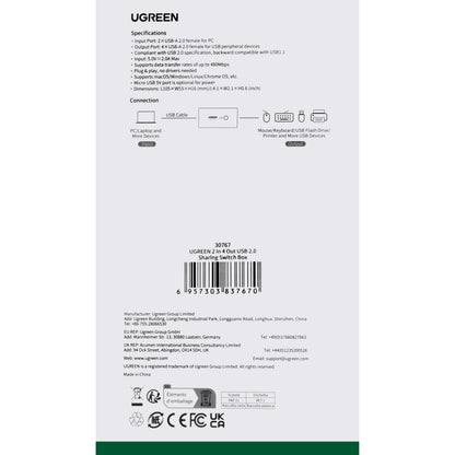 Hub USB UGREEN US216 Two Sharing Switch Box, 4 x USB-A, Noir 