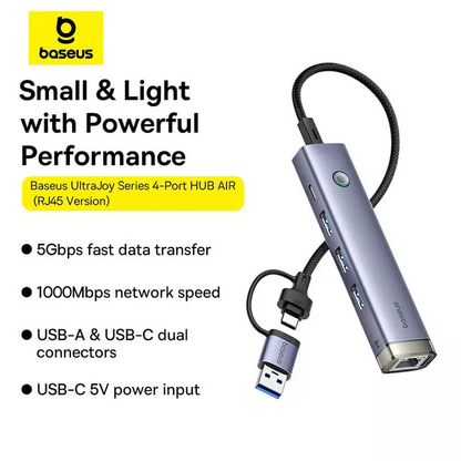 Hub USB / USB-C Baseus UltraJoy, 3 x USB-A 3.0 - 1 x USB-C - 1 x RJ45, Gris B0005280B811-14
