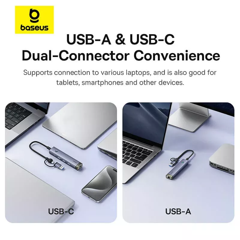 Hub USB / USB-C Baseus UltraJoy, 3 x USB-A 3.0 - 1 x USB-C - 1 x RJ45, Gris B0005280B811-14
