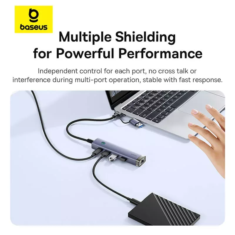 Hub USB / USB-C Baseus UltraJoy, 3 x USB-A 3.0 - 1 x USB-C - 1 x RJ45, Gris B0005280B811-14
