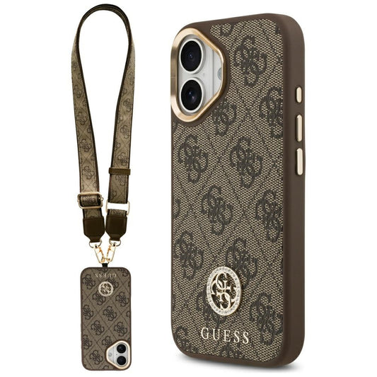 Étui MagSafe pour Apple iPhone 17, Guess, Logo Strass 4G avec Grande Bandoulière, Marron, Reconditionné