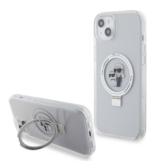 Coque MagSafe pour Apple iPhone 15 Plus, Karl Lagerfeld, Ringstand Karl and Choupette, Blanche, Reconditionnée