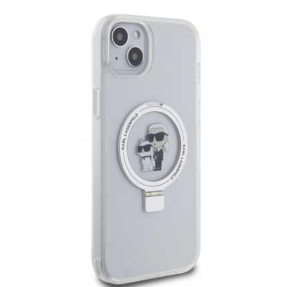 Coque MagSafe pour Apple iPhone 15 Plus, Karl Lagerfeld, Ringstand Karl and Choupette, Blanche, Reconditionnée