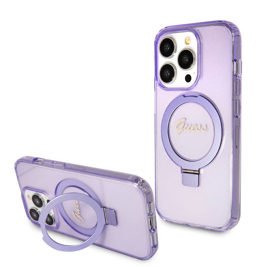 Étui MagSafe pour Apple iPhone 15 Pro Max, Guess, IML Ring Stand Glitter, Violet GUHMP15XHRSGSU