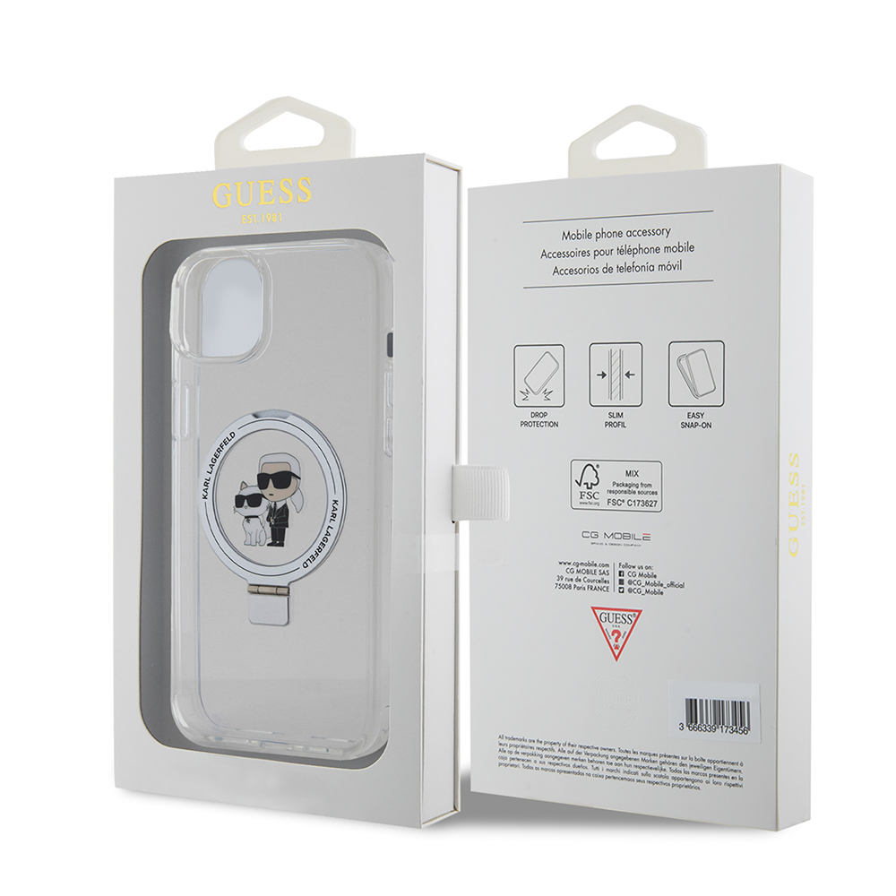 Coque MagSafe pour Apple iPhone 15 Plus, Karl Lagerfeld, Ringstand Karl and Choupette, Blanche, Reconditionnée