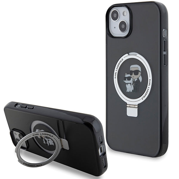 Coque MagSafe pour Apple iPhone 14, Karl Lagerfeld, Ring Stand Karl & Choupette, Noire