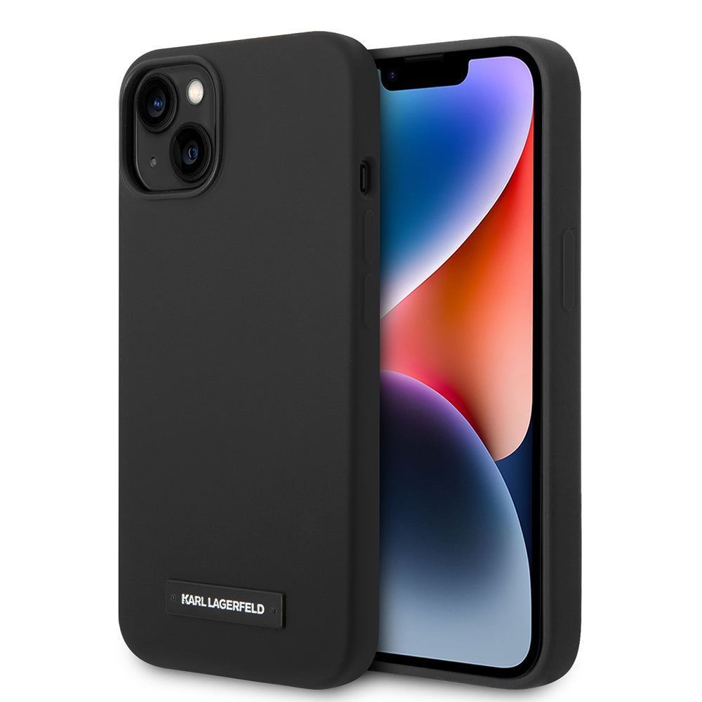 Étui MagSafe pour Apple iPhone 14 Plus, Karl Lagerfeld, Plaque en Silicone, Noir