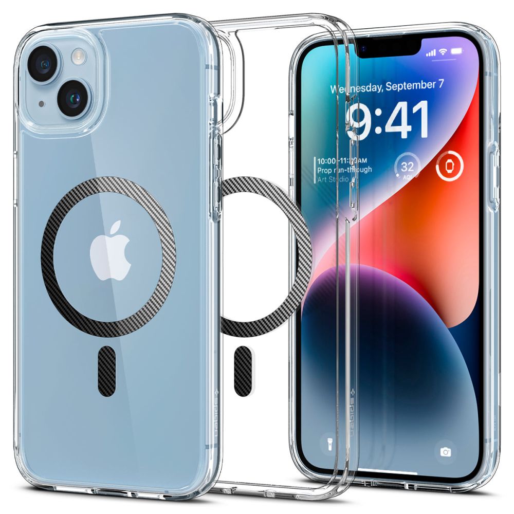 Coque MagSafe pour Apple iPhone 14 Plus, Spigen, Ultra Hybrid Carbon, Transparente