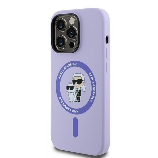 Étui MagSafe pour Apple iPhone 14 Pro, Karl Lagerfeld, Anneau en Silicone Karl & Choupette, Mauve