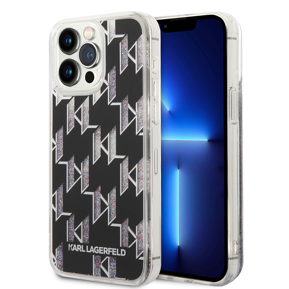 MagSafe Case for Apple iPhone 14 Pro Max, Karl Lagerfeld, Monogram Liquid Glitter, Black