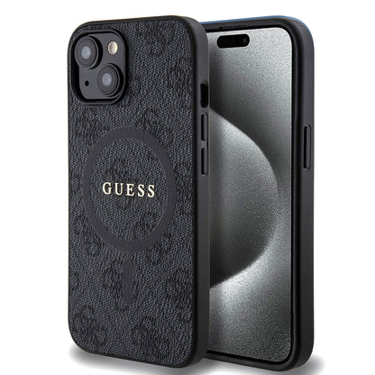 Étui MagSafe pour Apple iPhone 15, Guess, 4G Ring Classic Logo, Noir