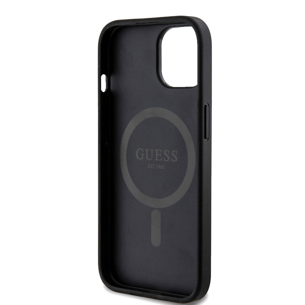 Étui MagSafe pour Apple iPhone 15, Guess, 4G Ring Classic Logo, Noir