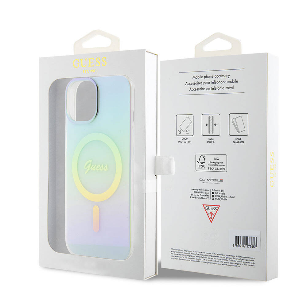 Coque MagSafe pour Apple iPhone 15, Guess, IML Iridescent, Turquoise