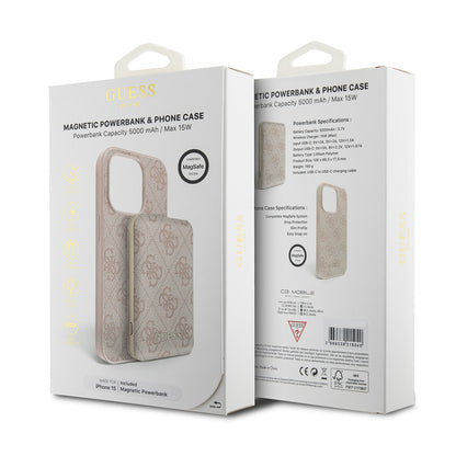 Étui MagSafe pour Apple iPhone 15, Guess, Powerbank 4G Metal Logo, Rose