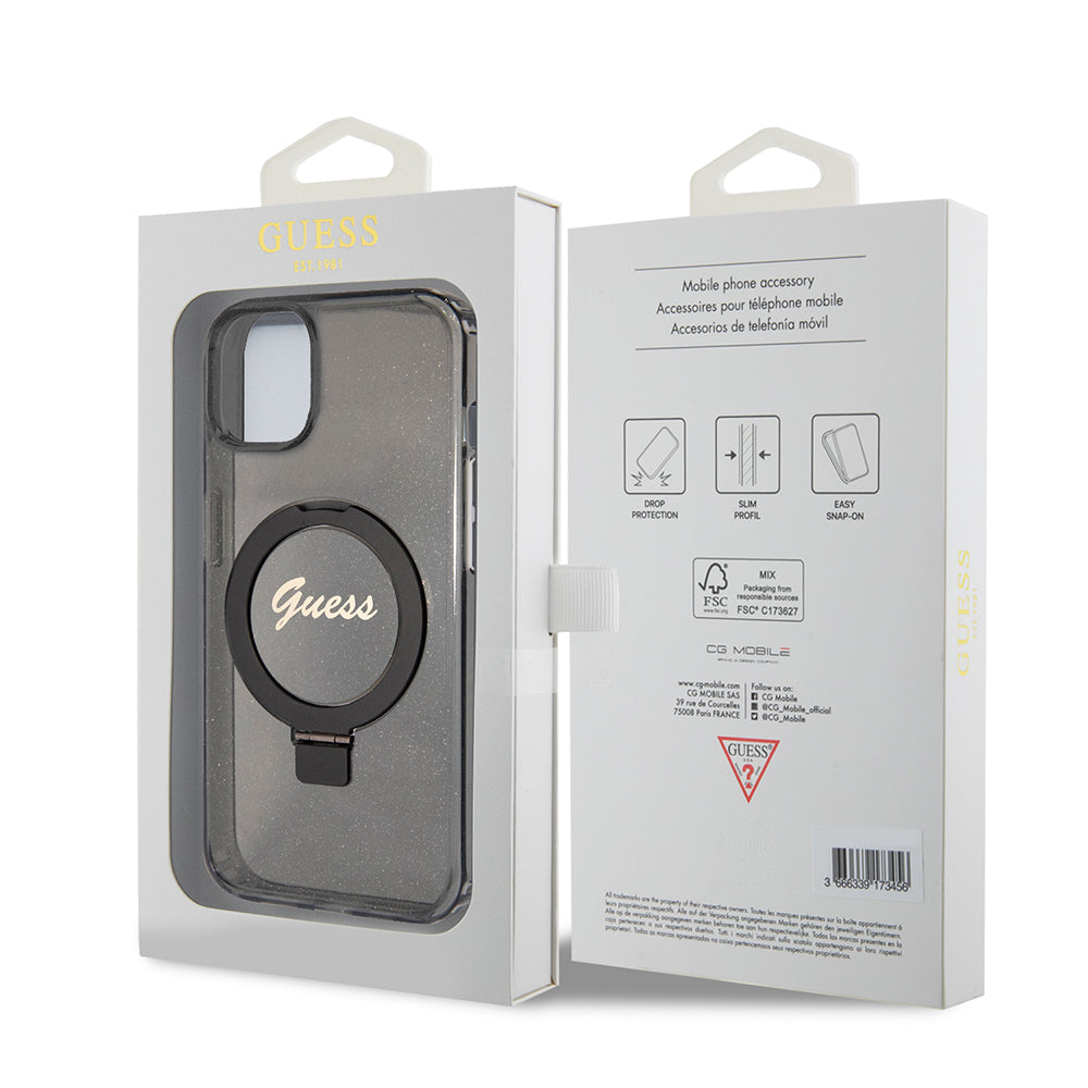 MagSafe Case for Apple iPhone 15, Guess, Ring Stand Script Glitter, Black