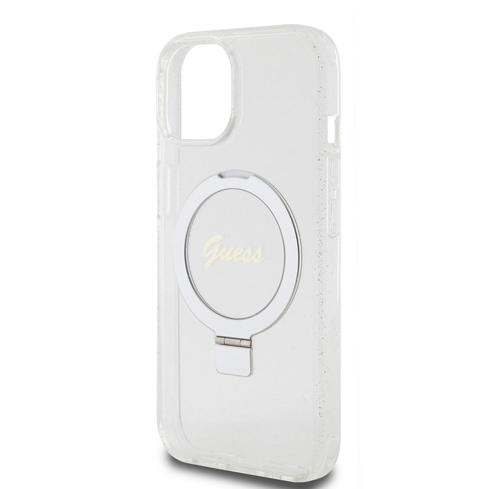 Coque MagSafe pour Apple iPhone 15, Guess, Ring Stand Script Glitter, Transparente