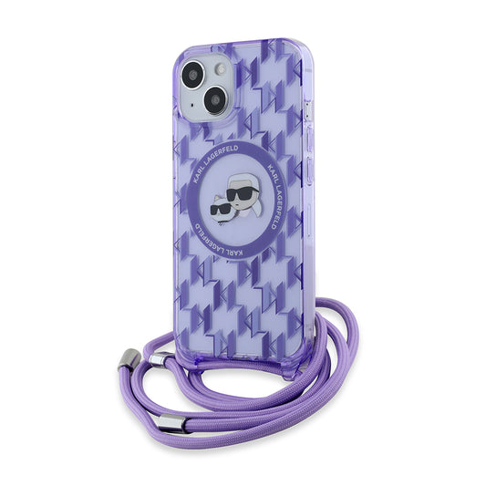 Étui MagSafe pour Apple iPhone 15, Karl Lagerfeld, IML Crossbody Monogramme Karl & Têtes de Choupette, Mauve
