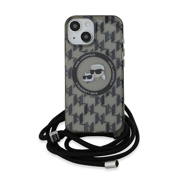 Étui MagSafe pour Apple iPhone 15, Karl Lagerfeld, IML Crossbody Monogramme Karl & Choupette's Heads, Noir