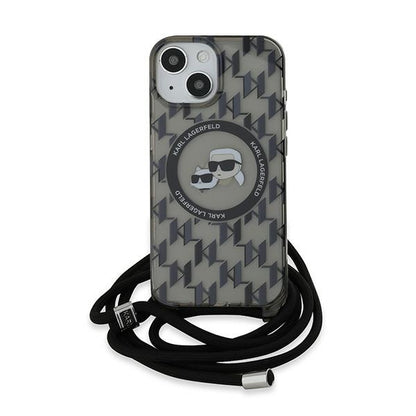 Étui MagSafe pour Apple iPhone 15, Karl Lagerfeld, IML Crossbody Monogramme Karl & Choupette's Heads, Noir