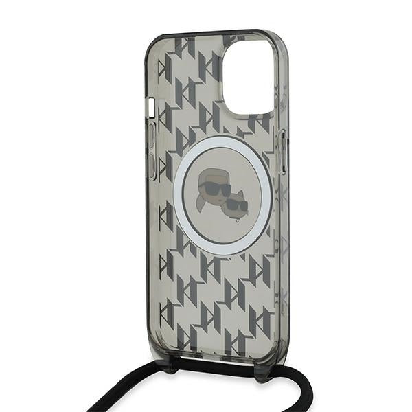 Étui MagSafe pour Apple iPhone 15, Karl Lagerfeld, IML Crossbody Monogramme Karl & Choupette's Heads, Noir