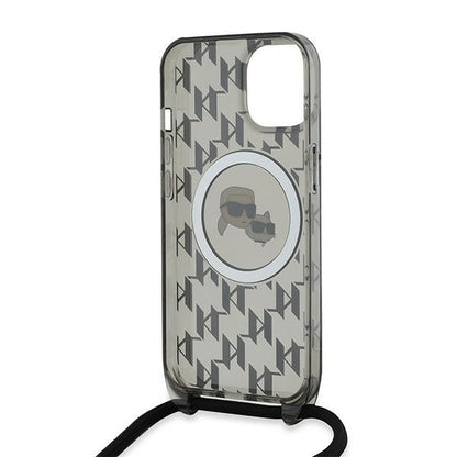 Étui MagSafe pour Apple iPhone 15, Karl Lagerfeld, IML Crossbody Monogramme Karl & Choupette's Heads, Noir