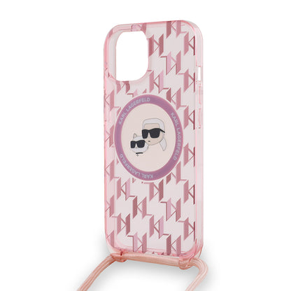 Housse MagSafe pour Apple iPhone 15, Karl Lagerfeld, IML Crossbody Monogram Karl & Choupette's Heads, Rose