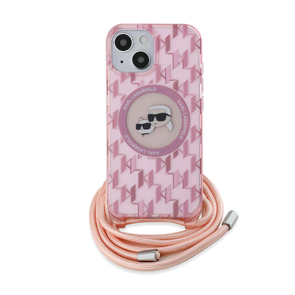 Housse MagSafe pour Apple iPhone 15, Karl Lagerfeld, IML Crossbody Monogram Karl & Choupette's Heads, Rose