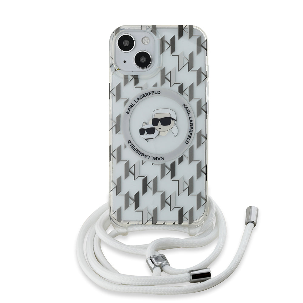 Étui MagSafe pour Apple iPhone 15, Karl Lagerfeld, IML Crossbody Monogramme Karl & Têtes de Choupette, Transparent