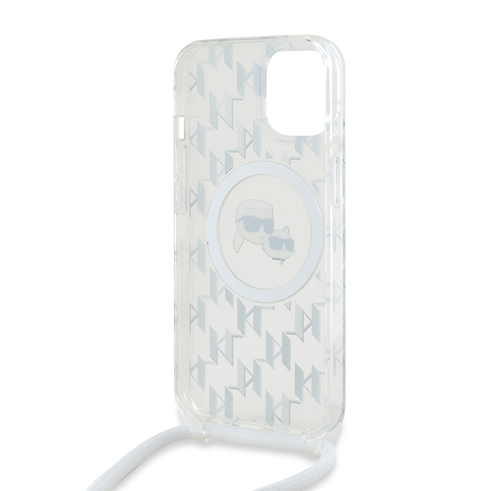 Étui MagSafe pour Apple iPhone 15, Karl Lagerfeld, IML Crossbody Monogramme Karl & Têtes de Choupette, Transparent
