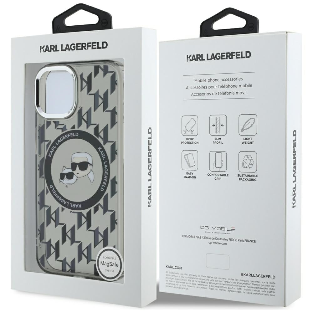 Housse MagSafe pour Apple iPhone 15, Karl Lagerfeld, IML Monogram Karl & Choupette's Heads, Noire