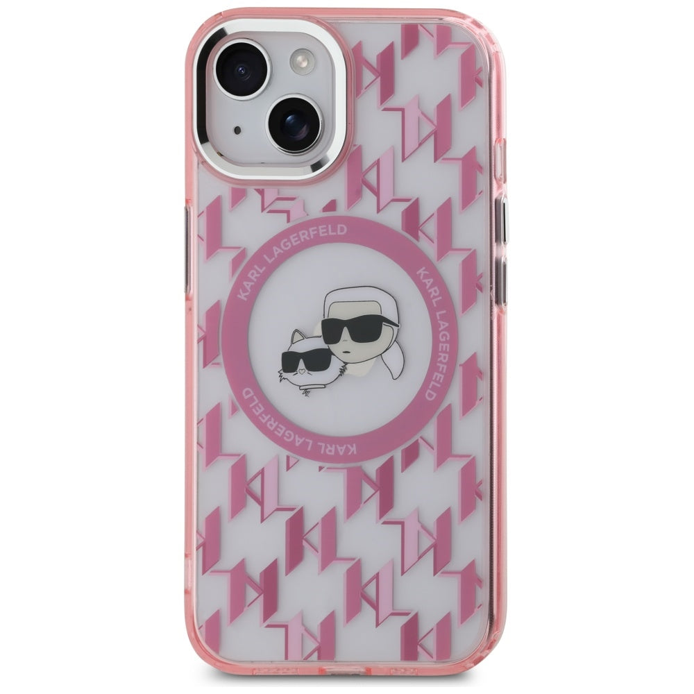 Coque MagSafe pour Apple iPhone 15, Karl Lagerfeld, IML Monogram Karl & Choupette's Heads, Rose