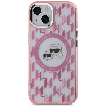 Coque MagSafe pour Apple iPhone 15, Karl Lagerfeld, IML Monogram Karl & Choupette's Heads, Rose