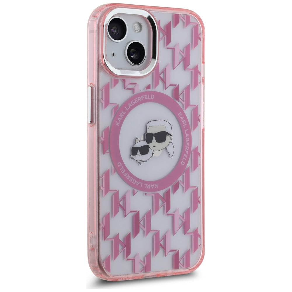 Coque MagSafe pour Apple iPhone 15, Karl Lagerfeld, IML Monogram Karl & Choupette's Heads, Rose