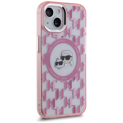 Coque MagSafe pour Apple iPhone 15, Karl Lagerfeld, IML Monogram Karl & Choupette's Heads, Rose