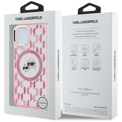 Coque MagSafe pour Apple iPhone 15, Karl Lagerfeld, IML Monogram Karl & Choupette's Heads, Rose