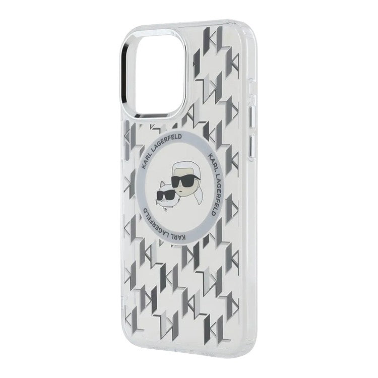 Coque MagSafe pour Apple iPhone 15, Karl Lagerfeld, IML Monogramme Karl & Têtes de Choupette, Transparente