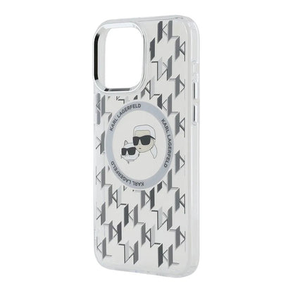 Coque MagSafe pour Apple iPhone 15, Karl Lagerfeld, IML Monogramme Karl & Têtes de Choupette, Transparente