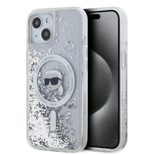 Étui MagSafe pour Apple iPhone 15, Karl Lagerfeld, Liquid Glitter Karl's Head, Transparent