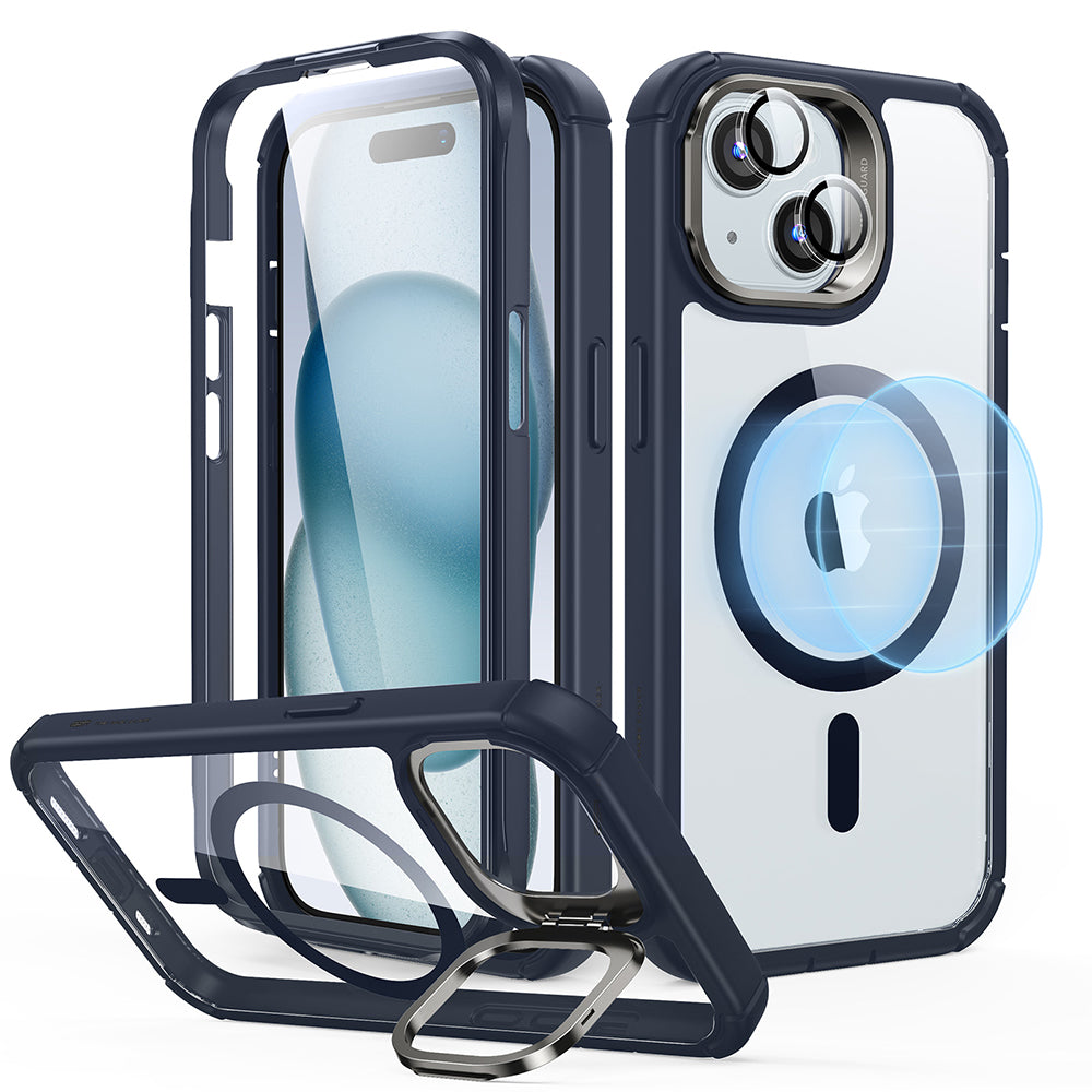 Coque MagSafe pour Apple iPhone 15 Plus, ESR, Armor Tough Kickstand, Bleu Marine Transparente