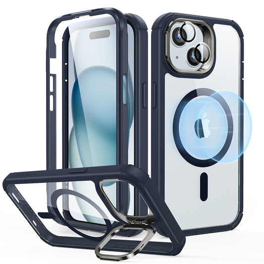 Coque MagSafe pour Apple iPhone 15 Plus, ESR, Armor Tough Kickstand, Bleu Marine Transparente
