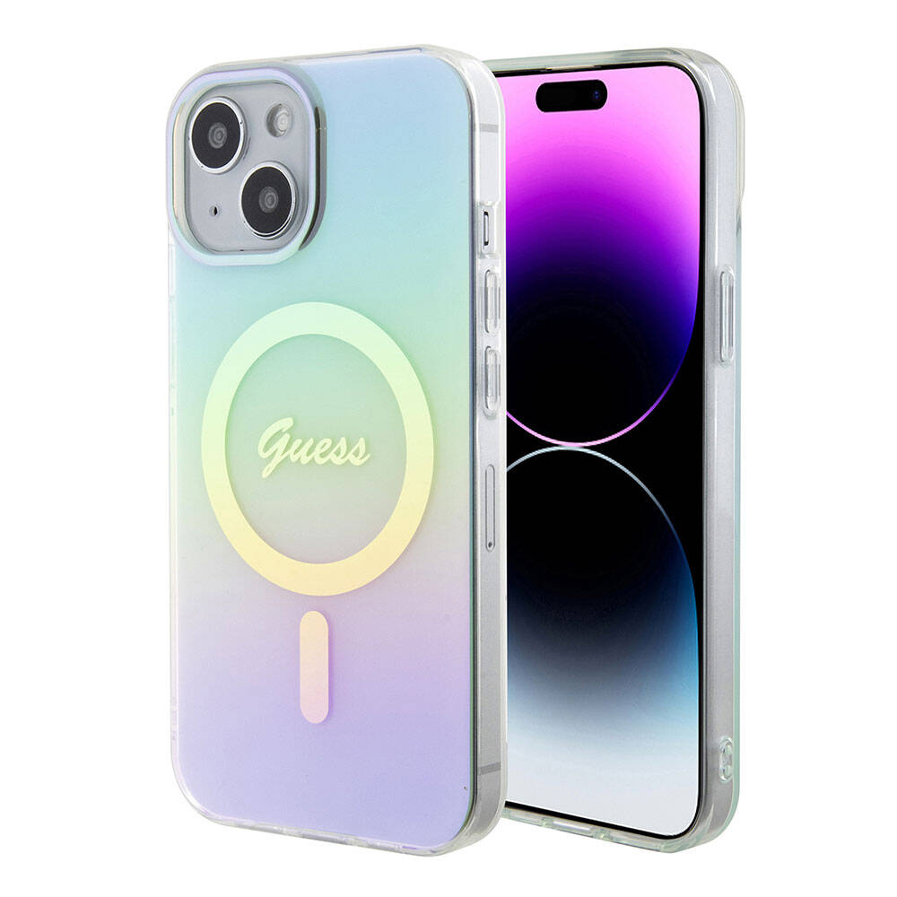 Étui MagSafe pour Apple iPhone 15 Plus, Guess, IML Iridescent, Turquoise