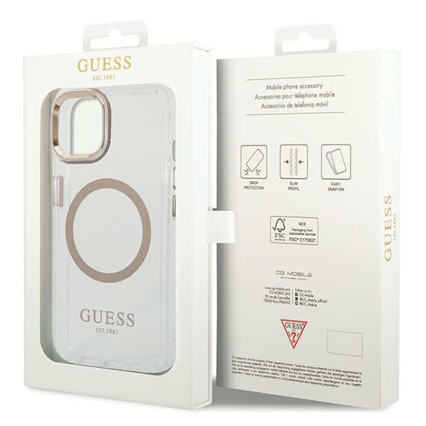 MagSafe Case for Apple iPhone 15 Plus, Guess, Metal Outline, Gold