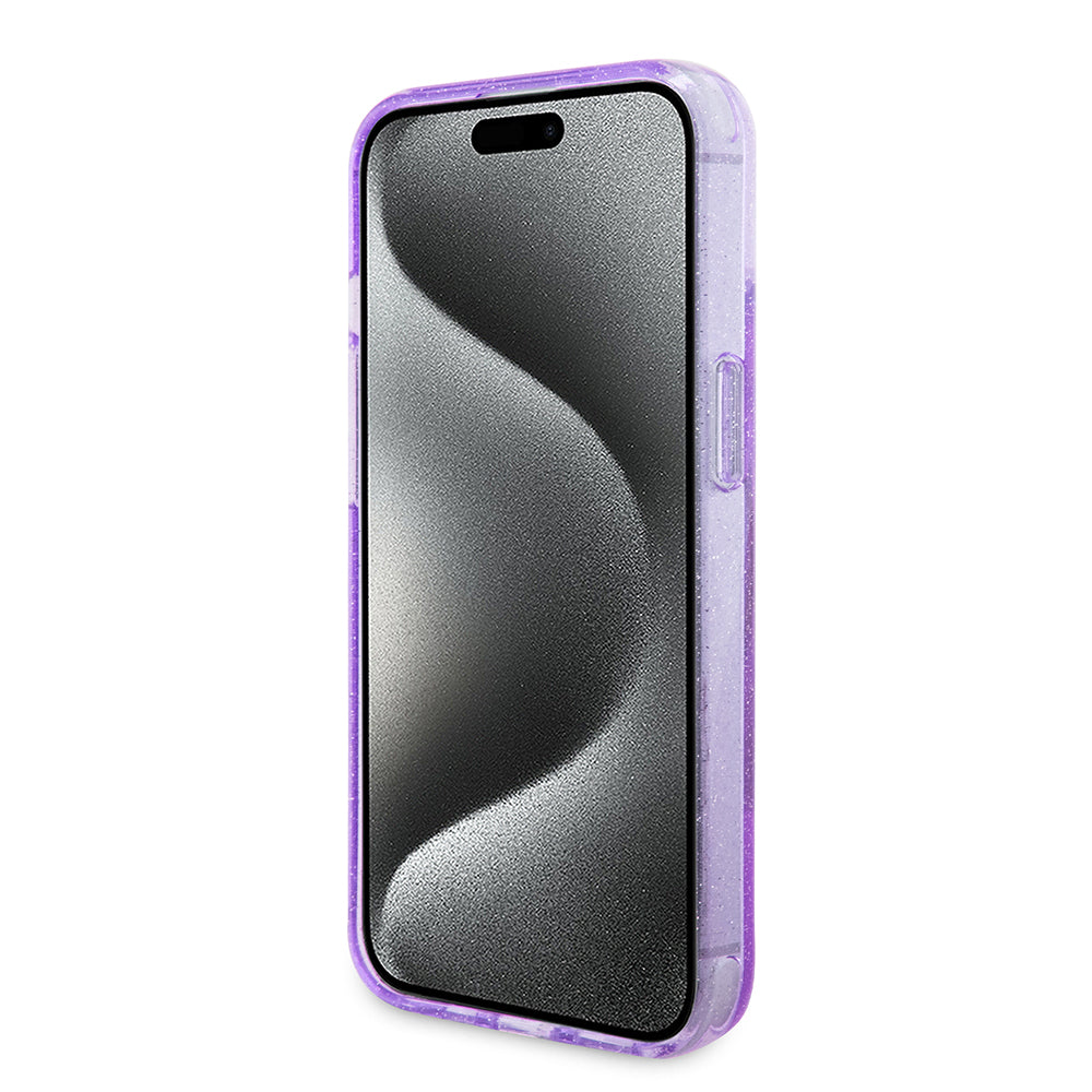 Coque MagSafe pour Apple iPhone 15 Plus, Guess, Ring Stand Script Glitter, Violet